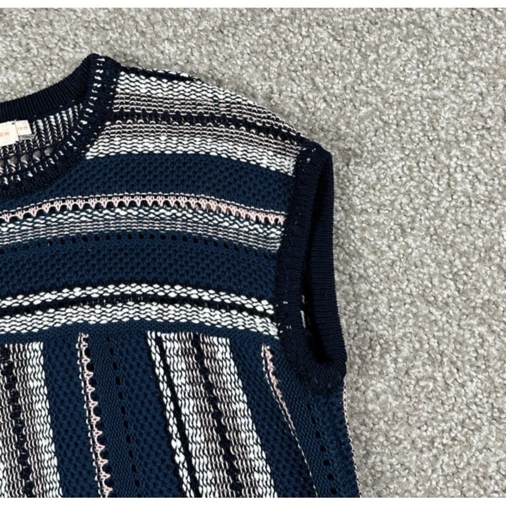Tory Burch Sweater Womens XS Blue‎ Geometric Top Linen Blend Crochet Sleeveless - Picture 3 of 9